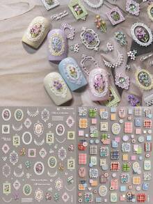 2片复古花框浮雕美甲贴纸，夏季复古花朵浮雕美甲贴花，5D自粘美甲装饰，适用于亚克力指甲，女士和女孩美甲用品，节日礼物