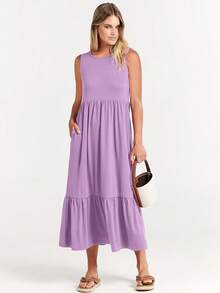 Women Summer Casual Sleeveless Crewneck Sundress Aline Flowy Tiered Maxi Long Beach Dress Vacation Outfits Halloween Christmas New Year