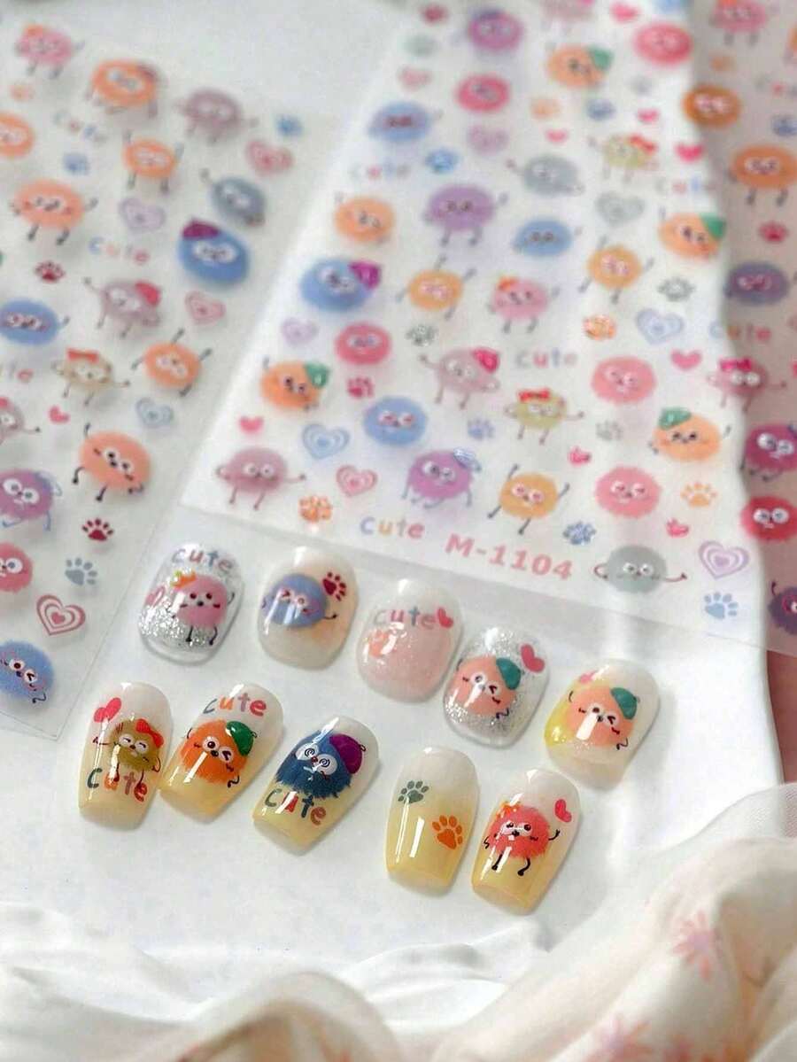 Beautizon Nailartlab 1 件卡通 5D 彩色毛球指甲贴纸，可爱多巴胺表情设计贴纸，女孩指甲装饰贴花 - 彩色 - 查看 1