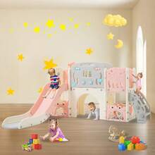 11 In 1 Toddler Slide, Kid Slide For Toddlers Age 1-3 With Ring Toss, Basketball Hoop, And Telescope, Indoor Outdoor Slide Toddler Playset Toddler Playground,Pink - Pink - View 1