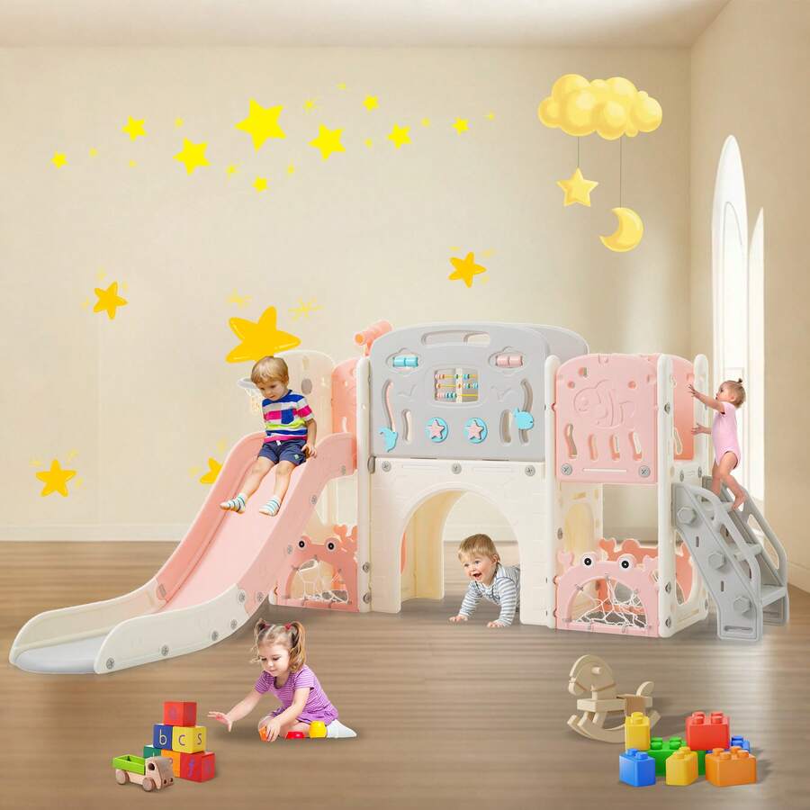 11 In 1 Toddler Slide, Kid Slide For Toddlers Age 1-3 With Ring Toss, Basketball Hoop, And Telescope, Indoor Outdoor Slide Toddler Playset Toddler Playground,Pink - Pink - View 1