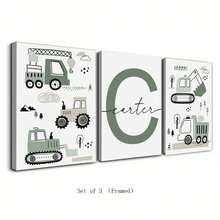 Customized Canvas Wall Art - Custom Nursery Boy Wall Art, Construction Wall Decor, Tractor And Truck Prints, Custom Name, Gift For Baby Boy, Set Of 3 , Custom Name & Number - Optional Frame, High-Quality Material, Unique Gift Idea, Decor Gifts Birthday Graduation Home Decor Back To School Room Decor School Supplies
