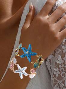 1 Stück modischer Dopamin-Luxus-Öltropfen-Stil Seestern & Jakobsmuschel Muschelschmuck-Armband mit Strass und Kunstperlen, geeignet für Geburtstag, Feiertage, Geschenk für Freundinnen, Freunde