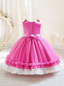 Young Girl Fuchsia 3D Floral Mesh Elegant Christmas Party Dress, Princess Dress Suitable For Girls Birthday Party, Wedding, Festival Celebration - Hot Pink - View 3