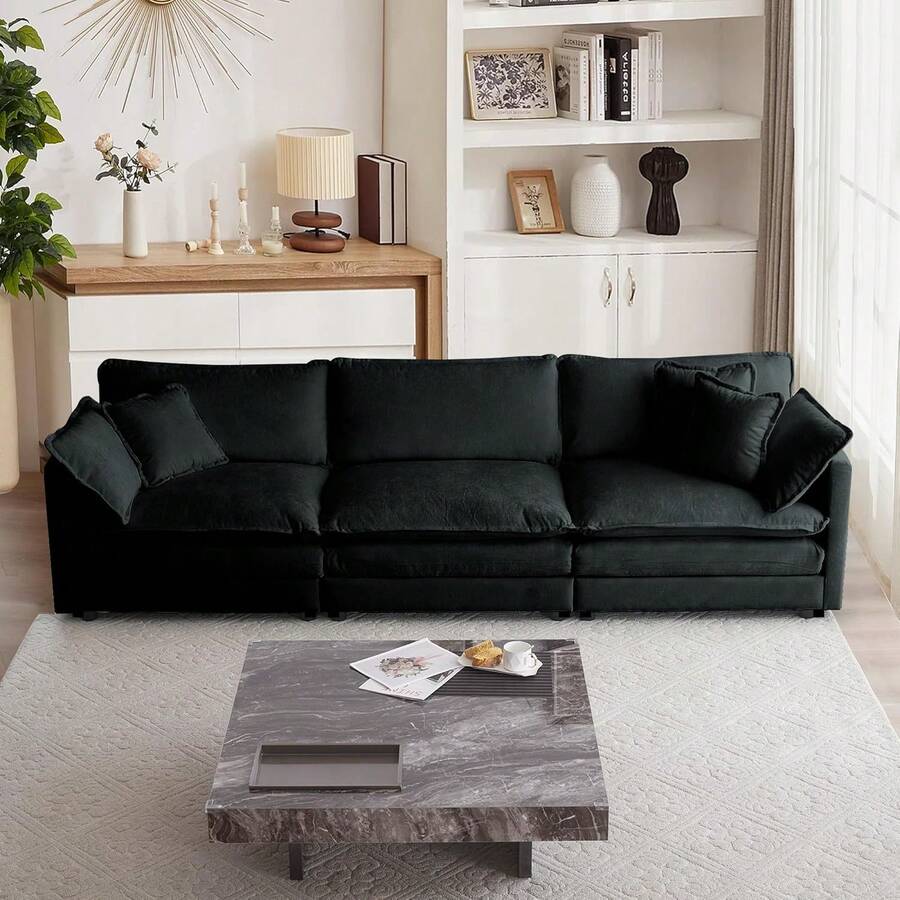 Luxury Modular Sectional Sofa, 111.5" Modern Chenille Comfy Cloud Couches For Living Room Office, 3 Seater Deep Sofa With 2 Armrest Pillows And 3 Toss Pillows,Black - Black 3 seat - 查看 1