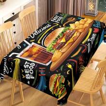 1/20pcs Black Themed Rectangular Polyester Tablecloth - Vibrant Fast Food Design With Burgers, Fries & Milkshakes, Durable & Easy-Clean Machine- Fabric For Kitchen, Dining Room, Parties, Outdoor Dining, Kitchen Decor, Bold Graphics, Cover, Stylish Table Linen, Food Enthusiasts - Multicolor - View 15