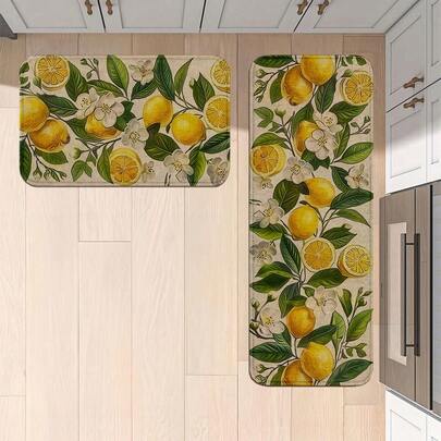 Tapete de cozinha com estampa floral e limão brilhante, 1/2 peça - antiderrapante, tapete de poliéster e linho, design lavável, adequado para cozinha, banheiro, lavanderia e decoração de escritório, tapete decorativo para banheiro, lavável à máquina, decoração de cozinha com limão