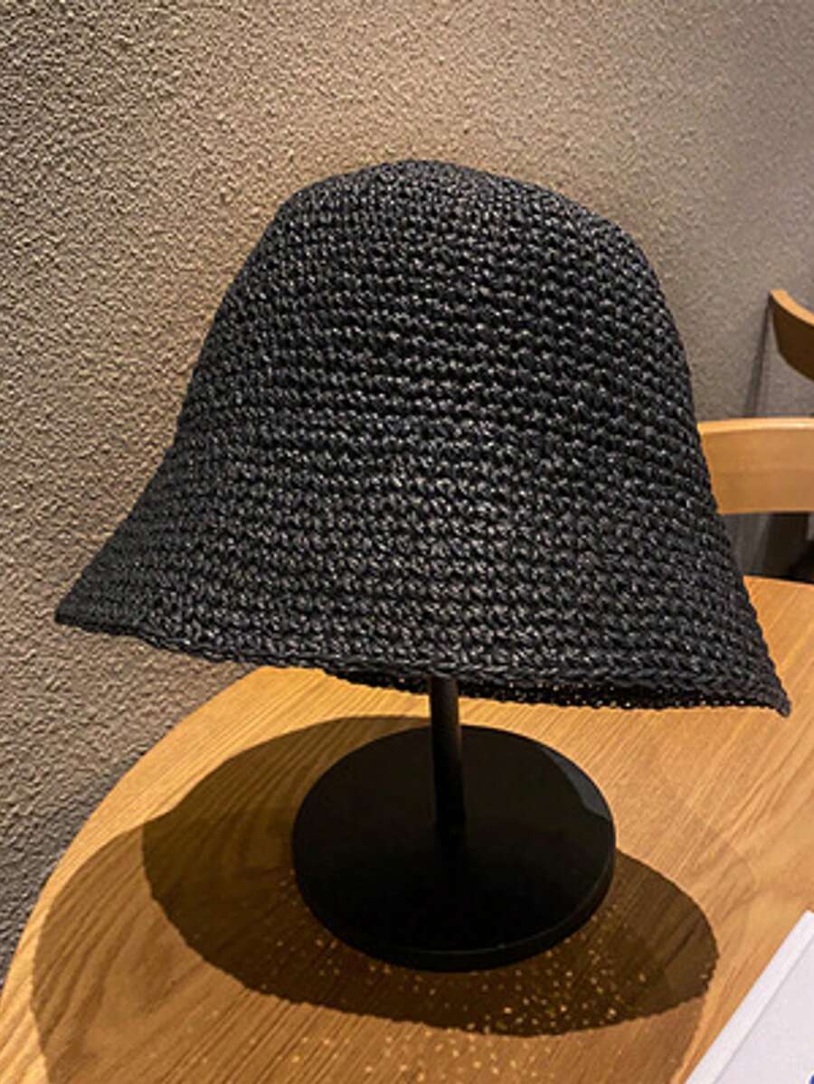 1 buah Topi Jerami Pantai Gaya Jepang Hitam untuk Wanita, Cocok untuk Sehari-hari, Liburan, Pantai, Gaya Bohemian - Hitam Senyap - View 1