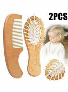 2pcs/Pack Small Size Baby Bath Soft Brush & Small Wooden Comb Set For Infant Hair Cleaning, Perfect Gift For Newborns, Random Wood Color