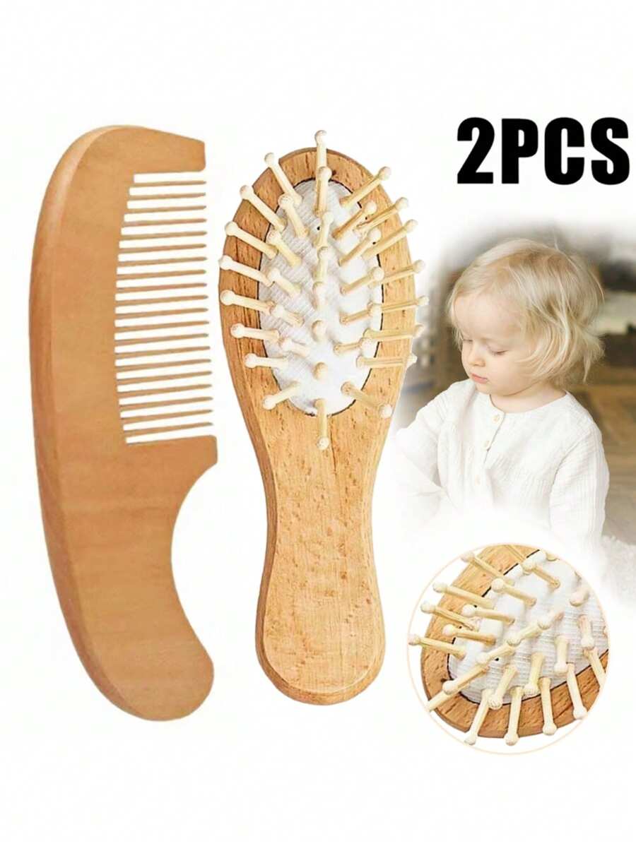 2pcs/Pack Small Size Baby Bath Soft Brush & Small Wooden Comb Set For Infant Hair Cleaning, Perfect Gift For Newborns, Random Wood Color