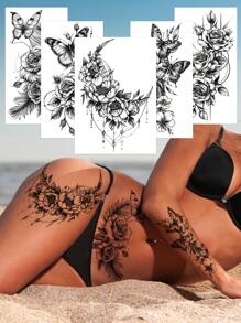 (Pack Of 5 PCS)Black Sketch Flower Tattoo Stickers, Sexy Black Sketch Flower Chain Tattoo Patterns, Waterproof, Sweat-Proof, Scratch-Resistant, Easy To Use, Suitable For Women To Attend Parties, Gatherings And Daily Use, Can Be Used For Tattoos On The Abdomen, Thighs, Collarbone, Back And Other Parts, Very Suitable For Women's Temporary Tattoos.