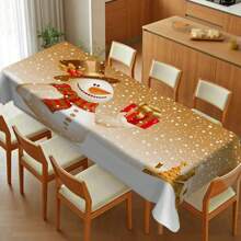1pc Polyester Christmas Snowman Theme Tablecloth, Warm Golden Background With Exquisite Gifts & Christmas Tree Decorations, Suitable For Holiday Parties And Family Gatherings, Adds Festive Atmosphere. Ideal For Outdoor Parties, Picnics, Dinners, Home And Restaurant Decor