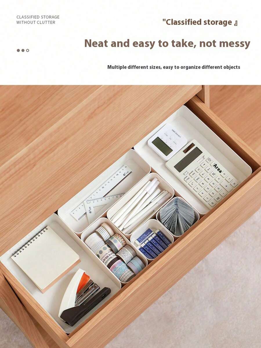 1 Set Thick & Sturdy Plastic Desk Organizer Boxes For Home Office, Kitchen, Bathroom, Makeup Supplies