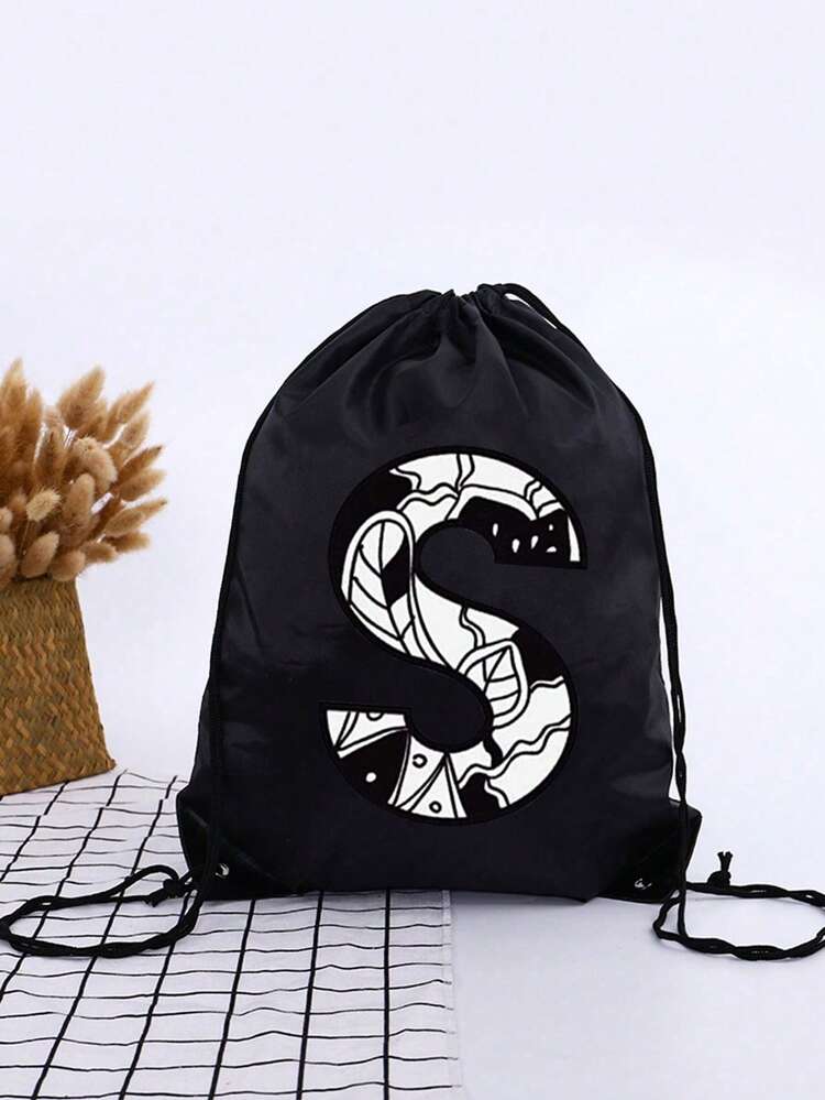 1pc A-Z Graffiti Letter Unisex Kids Outdoor Backpack, Drawstring Closure Bags, Large Capacity Sports Rucksack, Cute Cartoon Letter Print Sports Bag - Black - View 10