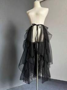 1pc Asymmetrical White/Black Tailcoat Dress, Asymmetrical Fish Tail Skirt, Layered Tulle Dress, Flowy Singing Dress, Cover-Up Dress, Crystal Chiffon Maxi Skirt, One-Piece Apron, Ruffled Multilayer Trailing Dress Suitable For Wedding, Banquet, Performance, Party, Bride, Bridesmaid, Stage Show, Cosplay, Travel Photo Prop, Dancing, Halloween Costume Fall Clothes For Women