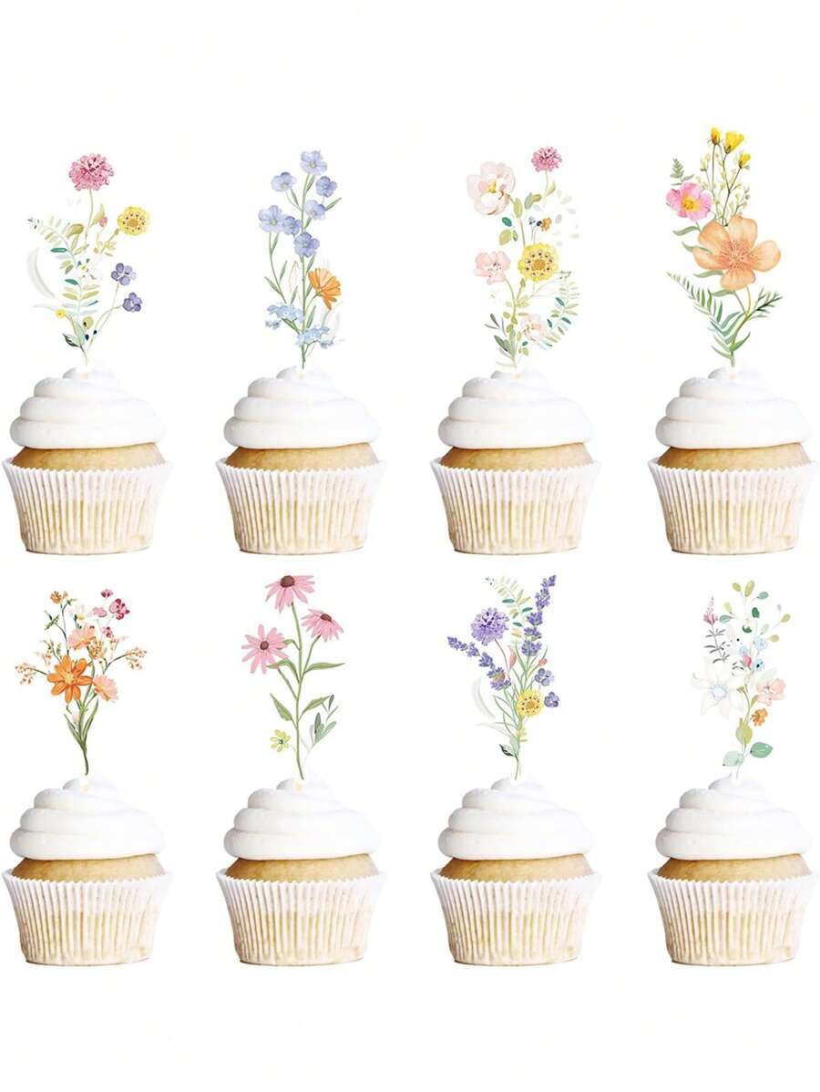 40pcsWildflower Birthday Party Decorations, Floral Cupcake Toppers Decoration, Baby In Bloom Baby Shower Cupcake Picks Decor Party Supplies For Gilrs Women