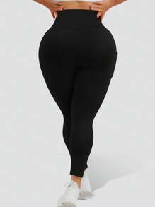 Plus Size Casual Sports Yoga Black Leggings With Four Side Pockets, No Awkward Design, And Double-Layered Tummy Control Waistband, Fold Over Leggings, Spring, Summer, Autumn, And Winter