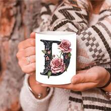 1pc Black Letter Floral A-Z Print Coffee Mug, Pink Floral, Alphabet Floral Coffee Mug For Office And Home, Alphabet Ceramic Coffee Mug, Women'S Birthday Gift, Mom, Best Friend, Bride, Bridesmaid Gift, White Tea Cup, Mother'S Day, Father'S Day Gift 11oz