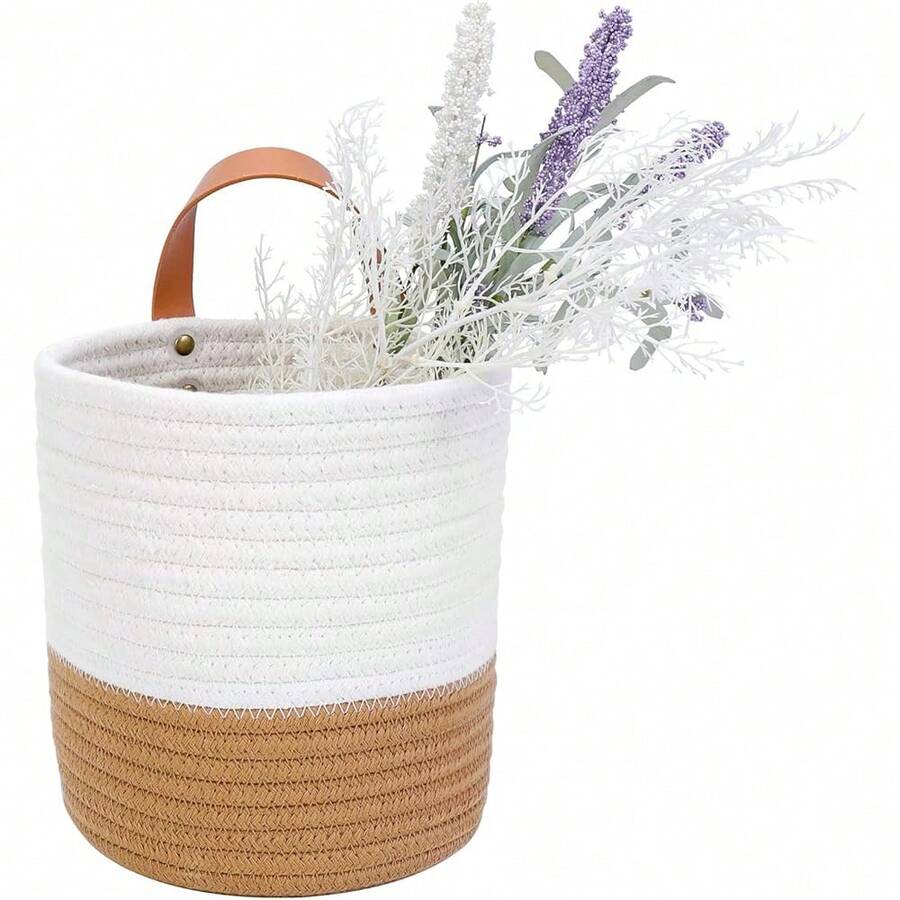 New Hanging Basket - Wall Hanging Baskets For Anizing - Hanging Storage Woven Wall Basket - All Wicker Wall Baskets For Wall Dr - Hanging Planter Baskets 6.3" X 7" (White And Brown) - 白色和棕色 - 查看 1