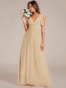 Đầm phù dâu bằng chiffon màu sâm panh, tay ngắn, cổ chữ V, dáng bất đối xứng, thích hợp cho đám cưới. - Rượu sâm banh - Xem 6