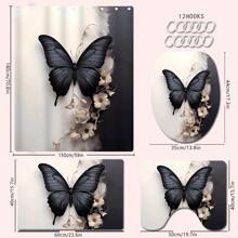 1/2/3/4 Stücke 3D Schwarz & Weiß Schmetterling & Blumen Thema Badezimmer Duschvorhang Set, inklusive 12 Stücke Haken, Badezimmermatte, U-förmiger Toilettendeckel, wasserdichter Duschvorhang, modische Dekoration für das Badezimmer, moderne Stil Trennvorhang, ohne Bohren erforderlich, aus Polyester, maschinenwaschbar Heim Badezimmer Dekoration Herbst Dekoration Badezimmer Accessoires Rückkehr zur Schule