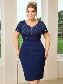 深 V 领亮片花卉蕾丝褶饰下摆紧身连衣裙 - 藏蓝色 - 查看 6