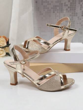 Nyårssandaler med strass för , Snygga, grova mellanhöga och kristallklara klackar, Högklackade dansskor, Lämpliga för tonåringar och , Skolstil, Högklackade dansskor