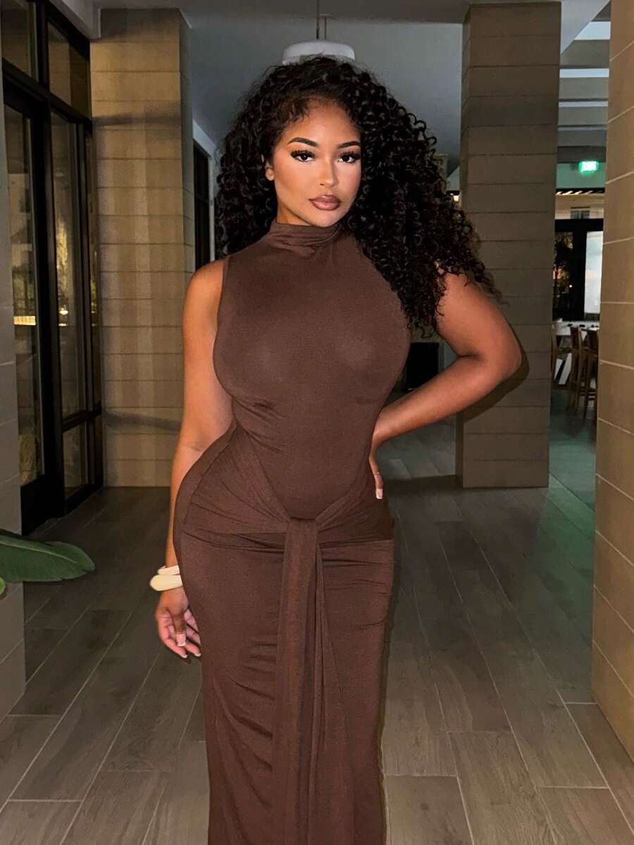 Alexandranx 女式立领系带连衣裙，性感优雅 - 棕色 - 查看 1