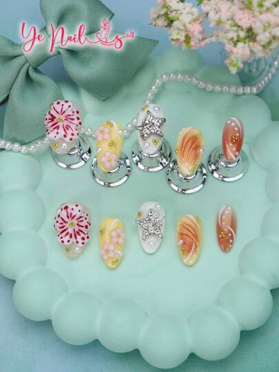 Get Romantic With 10pcs Short Almond Shape 3d Three-Dimensional Decoration Flower Yellow Cottagecore Full Coverage Acrylic Nails Summer Kit Handmade Almond Nails Gradient Yellow Brown Cat Eye Elegant Full Cover Acrylic Press On Nail Set For Women And Girls & 1pc Mini Nail File & 1 Sheet Adhesive Tabs