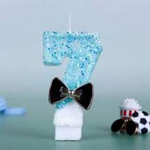 1pc Number 0-9 Black Tie Birthday Candles, Blue And White Gradient Digital Candles With Sequins, Suitable For Birthday Party Cake Decoration, Suitable For Cute Pet Theme Cake Decoration Candles, Cake Decoration Pure Handmade DIY - Blue and White - View 10