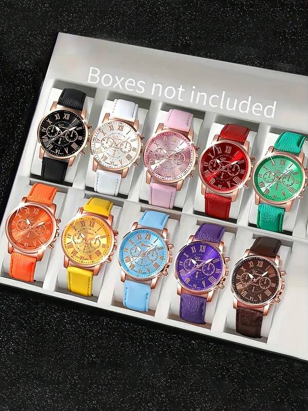 10pcs/3pcs Set Fashion Quartz Watch For Men & Women - Round Dial, Faux Leather Strap, Multiple Colors Available - Great Gift Choice! Suitable For Everyday Wear