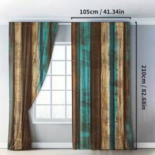 2pcs Country Style Wood-Look Blackout Curtains - Brown And Teal Wood Panel Rustic Farmhouse Curtains, Suitable For Bedroom And Living Room, Semi-Sheer, Machine Washable Polyester, Rod Pocket Hanging, Bedroom Decor | Country Style Curtains | Washable Fabric, Living Room Curtains