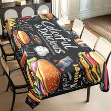1/20pcs Black Themed Rectangular Polyester Tablecloth - Vibrant Fast Food Design With Burgers, Fries & Milkshakes, Durable & Easy-Clean Machine- Fabric For Kitchen, Dining Room, Parties, Outdoor Dining, Kitchen Decor, Bold Graphics, Cover, Stylish Table Linen, Food Enthusiasts - Multicolor - View 9
