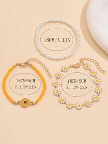 3pcs/Set Oil Drop Flower Design Sunflower Pearl Bracelets, Cute Bohemian Style Daisy Bracelets For Girls