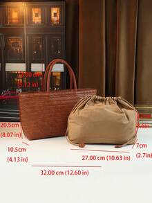 Tote Bag With Weaving Pattern, Large Capacity Commuter Bag With Charm Accessory, Fashion Women Handbag - Brown - View 11