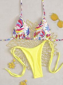 2 pezzi Set bikini sexy da donna con stampa da spiaggia estiva, reggiseno a canotta e slip con laccio laterale