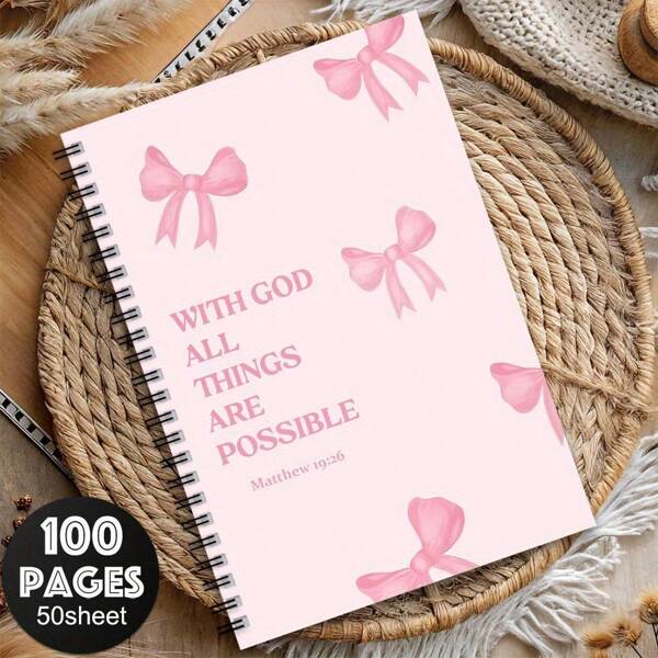 1pc Inspirational Verse Spiral Notebook - Pink Floral Bow Design With "With All Things Are Possible" Matthew 19:26, Soft Pink Aesthetic Journal For Women, Faith-Based Gifts, Durable Paper For Note Taking & Daily Planner, Religious Gift Item | Preppy Style | Neat Binding