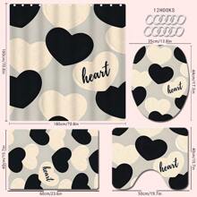 1/4 Stücke Herz-Themen Badezimmer Duschvorhang Set, Badematte, U-förmiger Toilettendeckel, wasserdichter Duschvorhang, moderne Badezimmer Dekoration, waschbar aus Polyester, ohne Bohren erforderlich Herbst Dekor Badezimmer Accessoires Rückkehr zur Schule