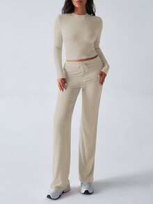 GAOVOT 女士两件套春夏 Y2K 运动休闲家居纯色修身长袖T恤和抽绳长裤套装 - 淺卡其 - 查看 5