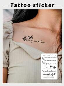 1 件黑色花朵、蝴蝶和句子纹身贴纸，Y2K 风格，可定制 - 黑色 - 查看 1