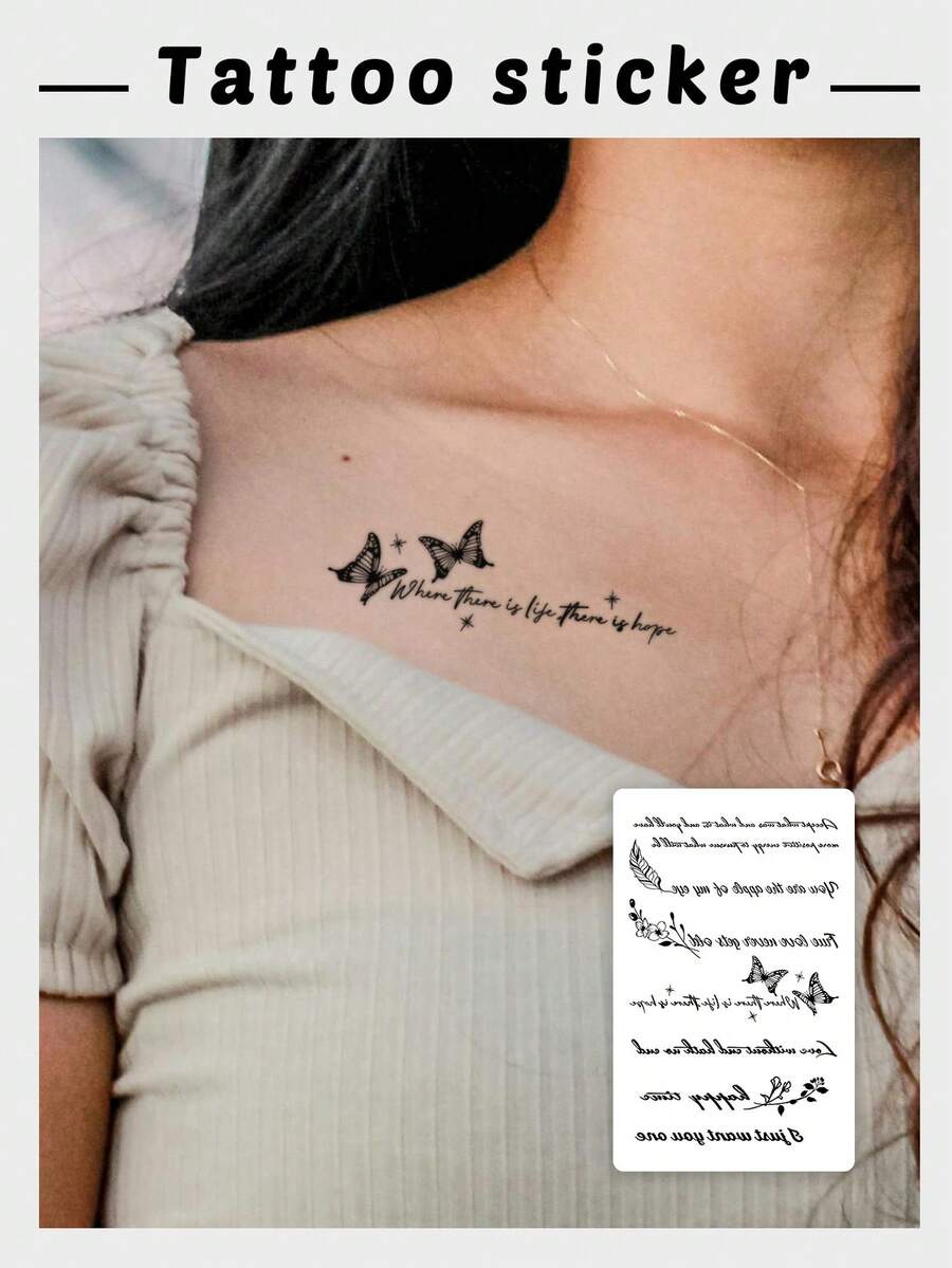 1 件黑色花朵、蝴蝶和句子纹身贴纸，Y2K 风格，可定制 - 黑色 - 查看 1