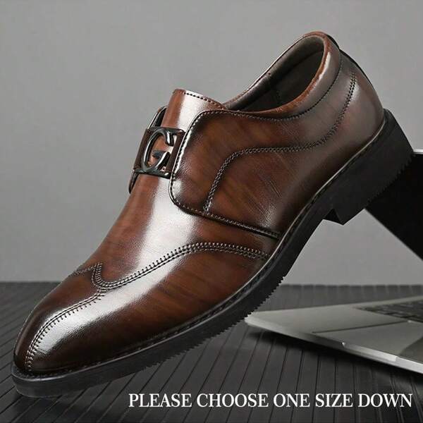 Mioeert Men's Casual Business Leather Shoes, Slip-On Embroidered Pointed Toe Formal Dress Shoes For Work/Wedding, (Please Choose One Size Down)