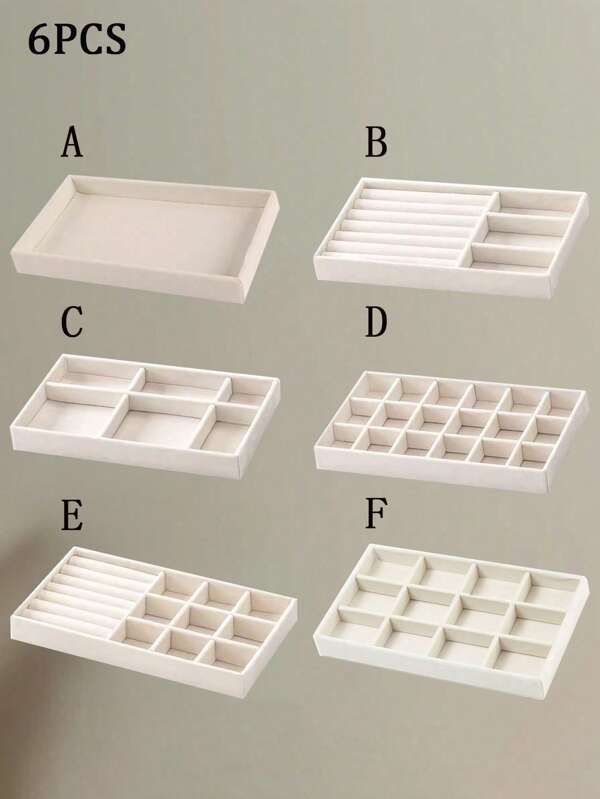 6 pièces/set Plateau à bijoux en velours, organisateur de rangement et présentoir multifonctionnel pour colliers, bagues, boucles d'oreilles, rouges à lèvres, maquillage, convient pour la coiffeuse ou l'étalage de bijoux. Organisateur de rangement, essentiels de voyage, fournitures scolaires pour femmes