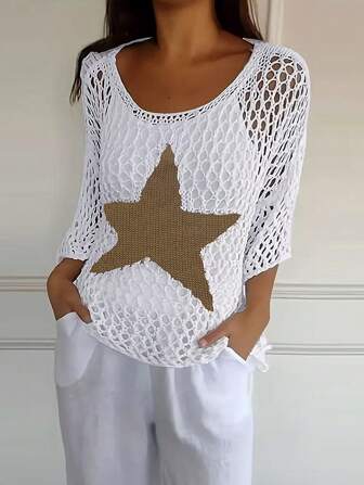 Plus Size Women's Pentagram Hollow Out Drop Shoulder V-Neck Simple Loose Sweater