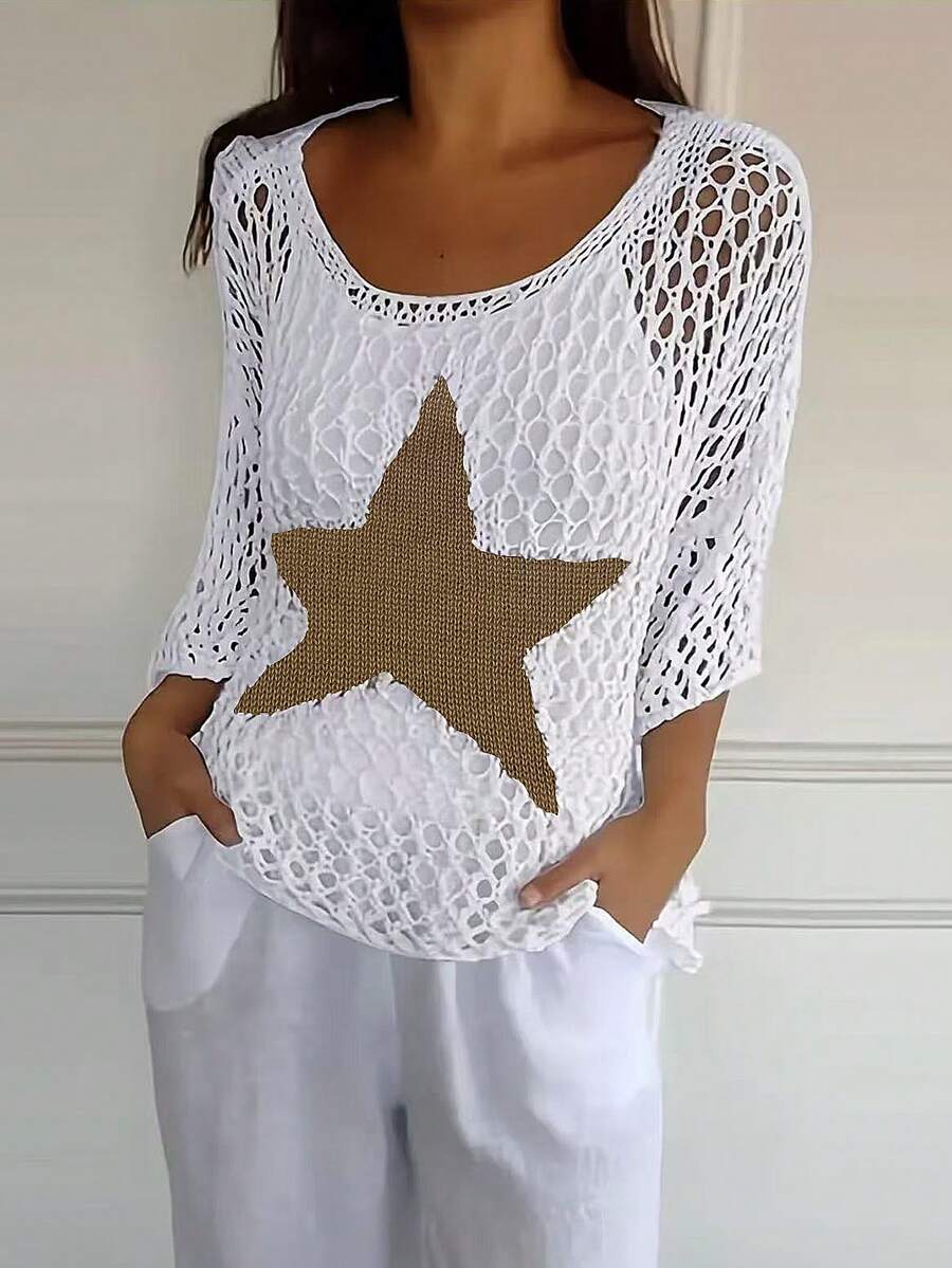 Plus Size Women's Pentagram Hollow Out Drop Shoulder V-Neck Simple Loose Sweater