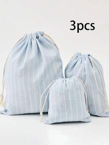3 piezas de bolsas de almacenamiento con rayas simples que pueden contener ropa, calcetines, cosméticos y otros artículos diversos. Los bolsillos con cordón son adecuados para el hogar y los viajes. - Celeste - Ver 11