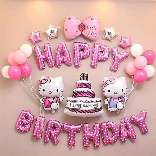 Sanrio 1Set Pink Hello Kitty Balloon Set Hello Kitty Theme Happy Birthday Banner Birthday Gift Party Gift Decoration