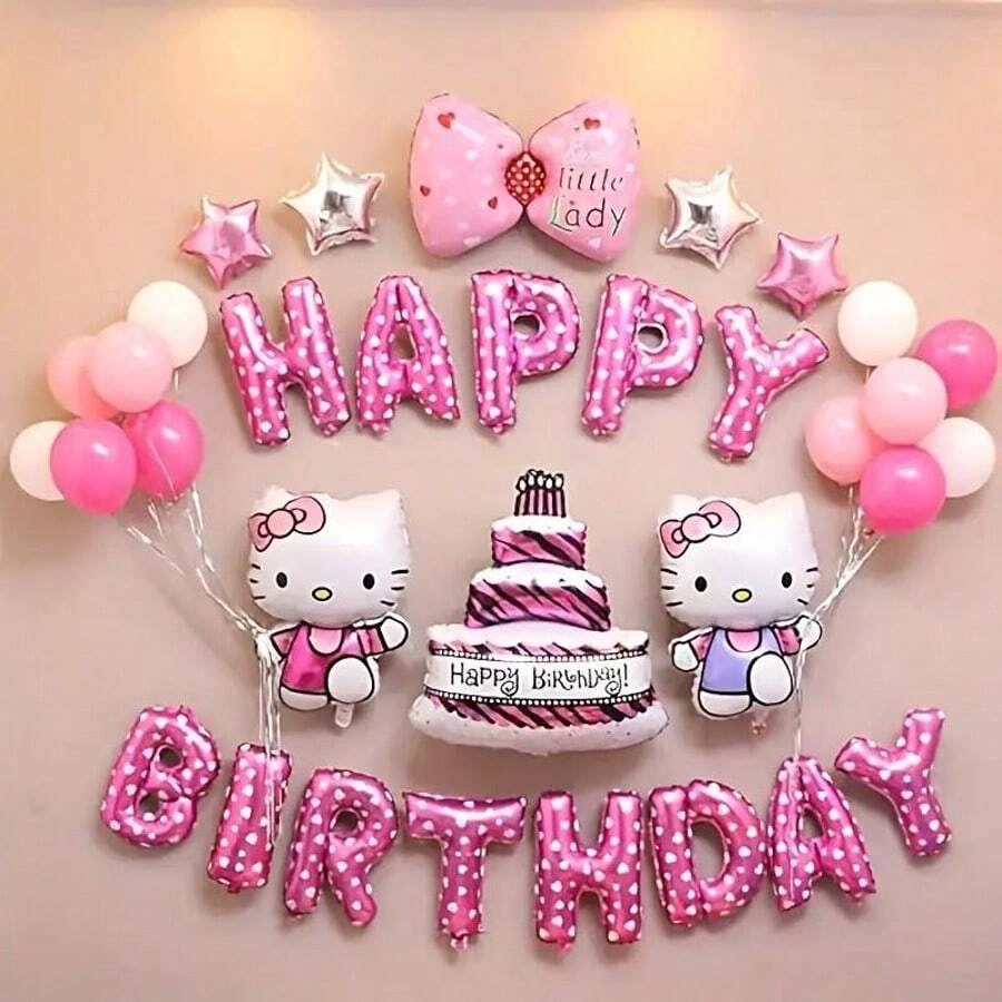 Sanrio 1Set Pink Hello Kitty Balloon Set Hello Kitty Theme Happy Birthday Banner Birthday Gift Party Gift Decoration