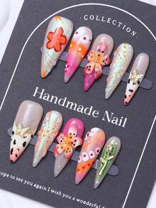 10 件欧美风格长细高跟手绘夏威夷色龟壳豹纹，3D 全息雕刻蝴蝶镶嵌奢华手工指甲贴，Y2K，优雅且适合女性和女孩按压指甲美甲用品指甲