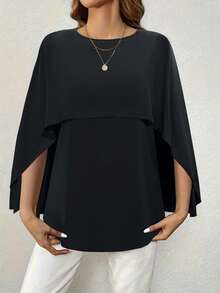 Plus Size Solid Color T-Shirt With Short Round Neck And Bat Sleeves For Casual Women, Spring And Summer Models. - Black - View 2